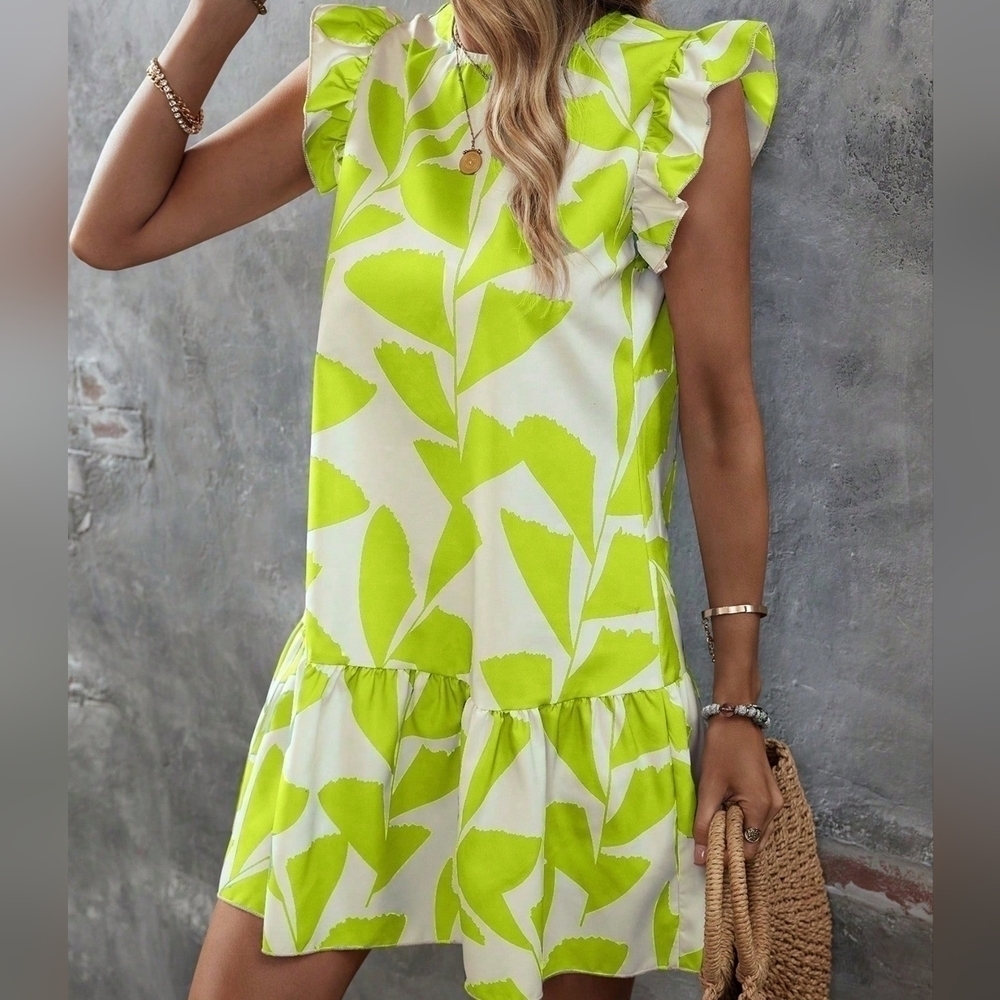 Leaf Print Ruffle Trim Smock Dress - Picture 2 of 4